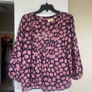 Anthropologie Maeve blue and pink Ruffled Cuffed Sleeve Blouse